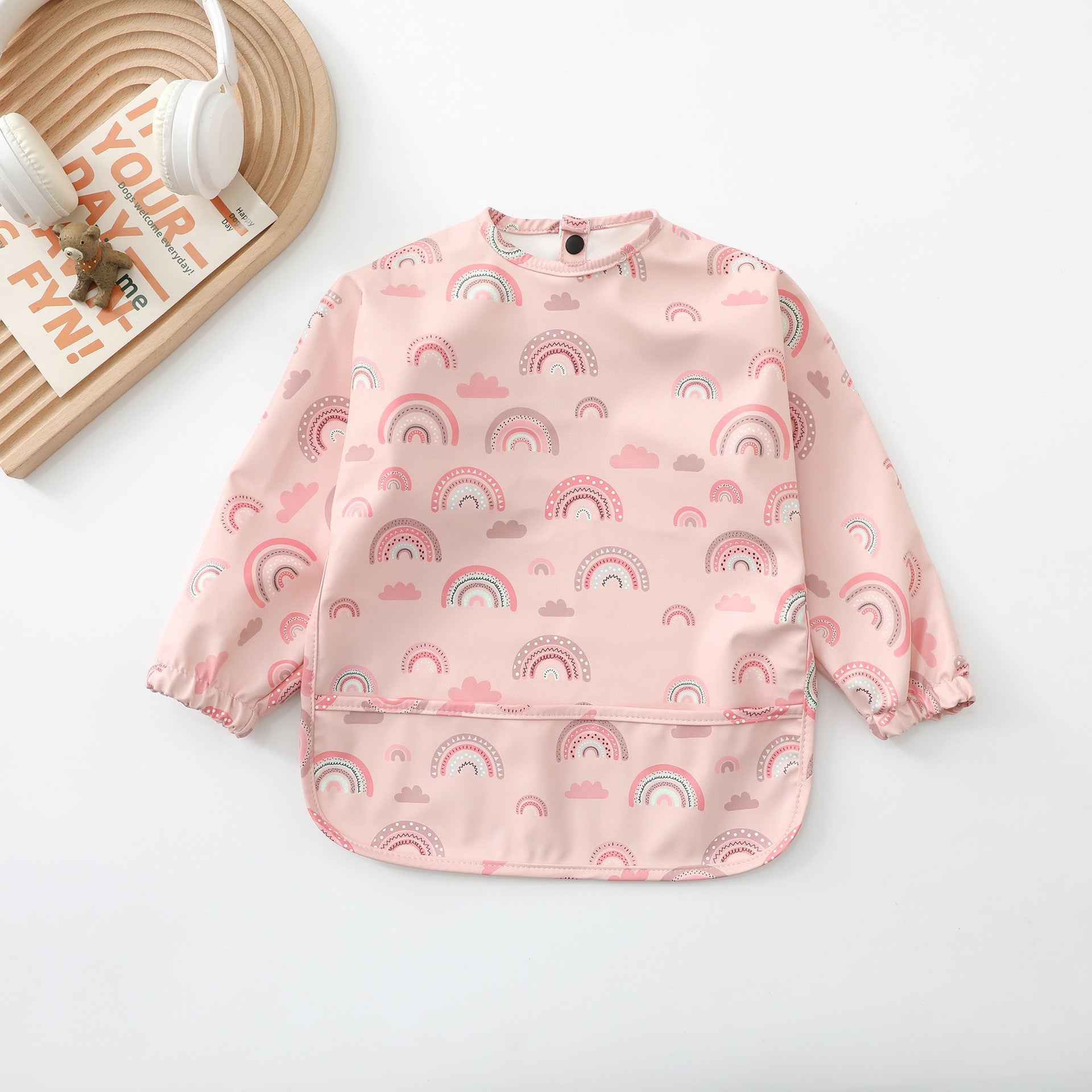 Soft Waterproof Long Sleeve Bib ソフト防水長袖お食事エプロン【mh0012240】 PU pink color rainbow / S mamahalo accessories よだれかけ