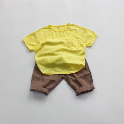 Solid Color Cotton Loose T-shirt キッズ ポケット 半袖 ルーズ Tシャツ【mh0012255】 Forest Map
