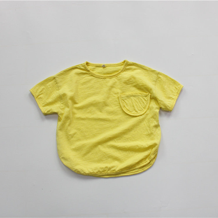 Solid Color Cotton Loose T-shirt キッズ ポケット 半袖 ルーズ Tシャツ【mh0012255】 Yellow / 80cm Forest Map