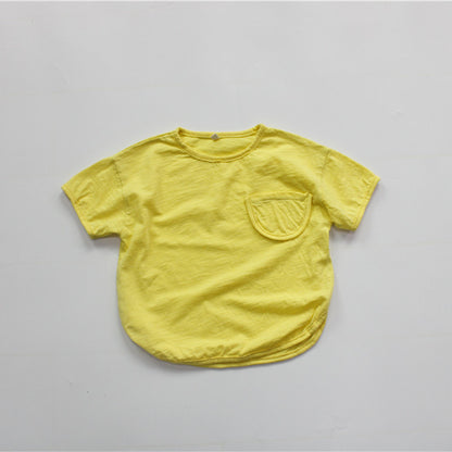 Solid Color Cotton Loose T-shirt キッズ ポケット 半袖 ルーズ Tシャツ【mh0012255】 Yellow / 80cm Forest Map