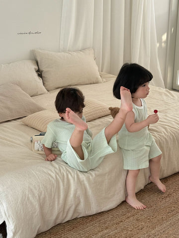 Solid Color Mesh Loungewear Set メッシュジャガード 半袖ルームウェアセット【mh0013308】 cicikids ノースリーブセットアップ