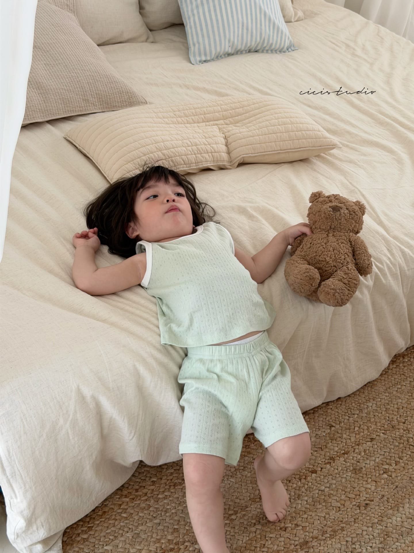 Solid Color Mesh Loungewear Set メッシュジャガード 半袖ルームウェアセット【mh0013308】 Green Vest Set / 80cm cicikids ノースリーブセットアップ