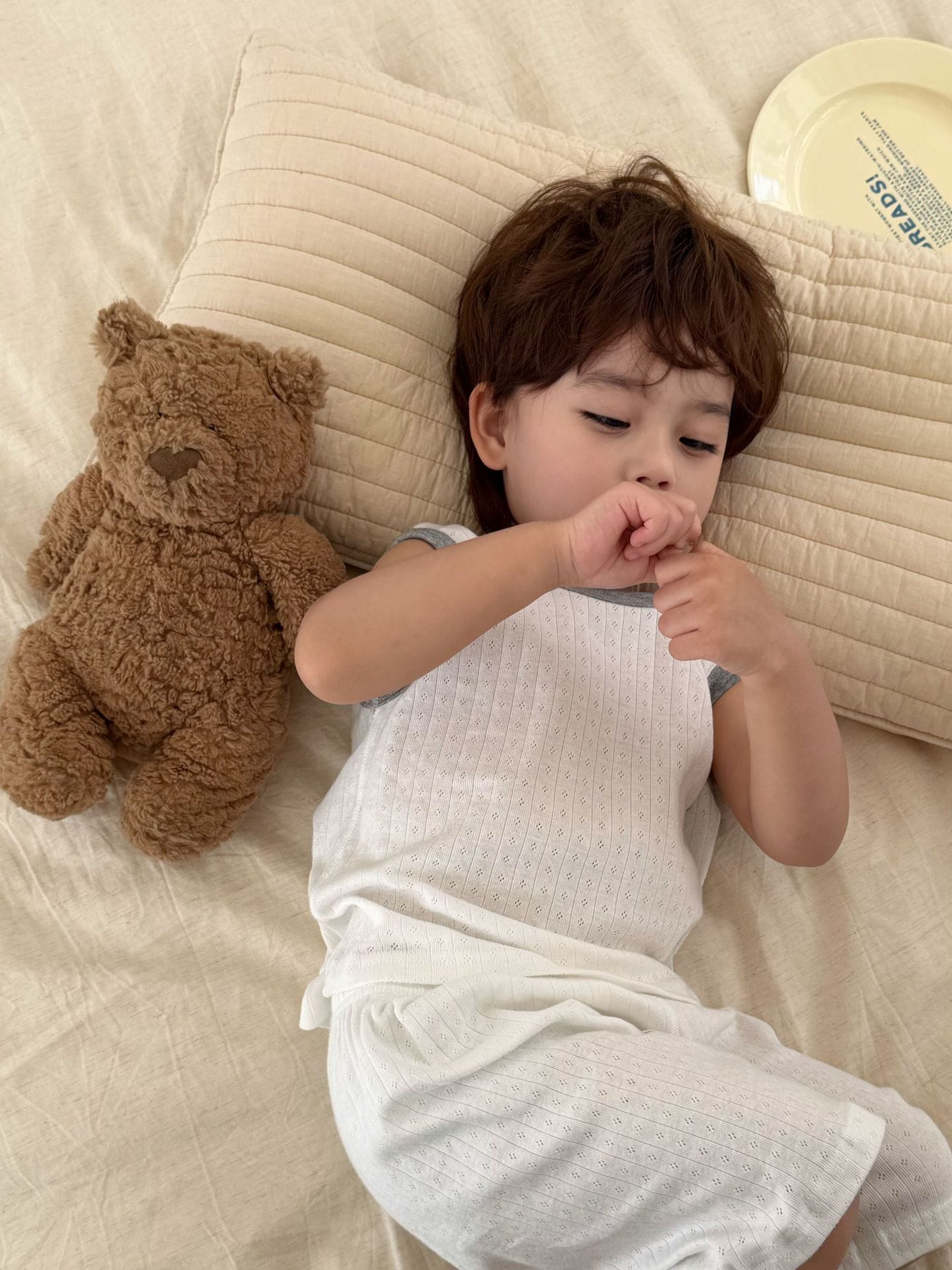 Solid Color Mesh Loungewear Set メッシュジャガード 半袖ルームウェアセット【mh0013308】 White Vest Set / 80cm cicikids ノースリーブセットアップ