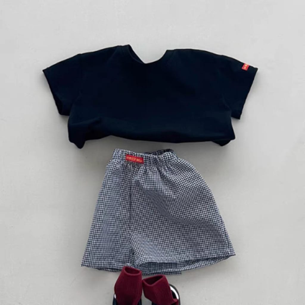 Solid Plaid ShortSleeves Shorts Set チェック 半袖Tシャツ ショートパンツ セット【mh0013269】 Black / 73cm yi nian ni 半袖セットアップ