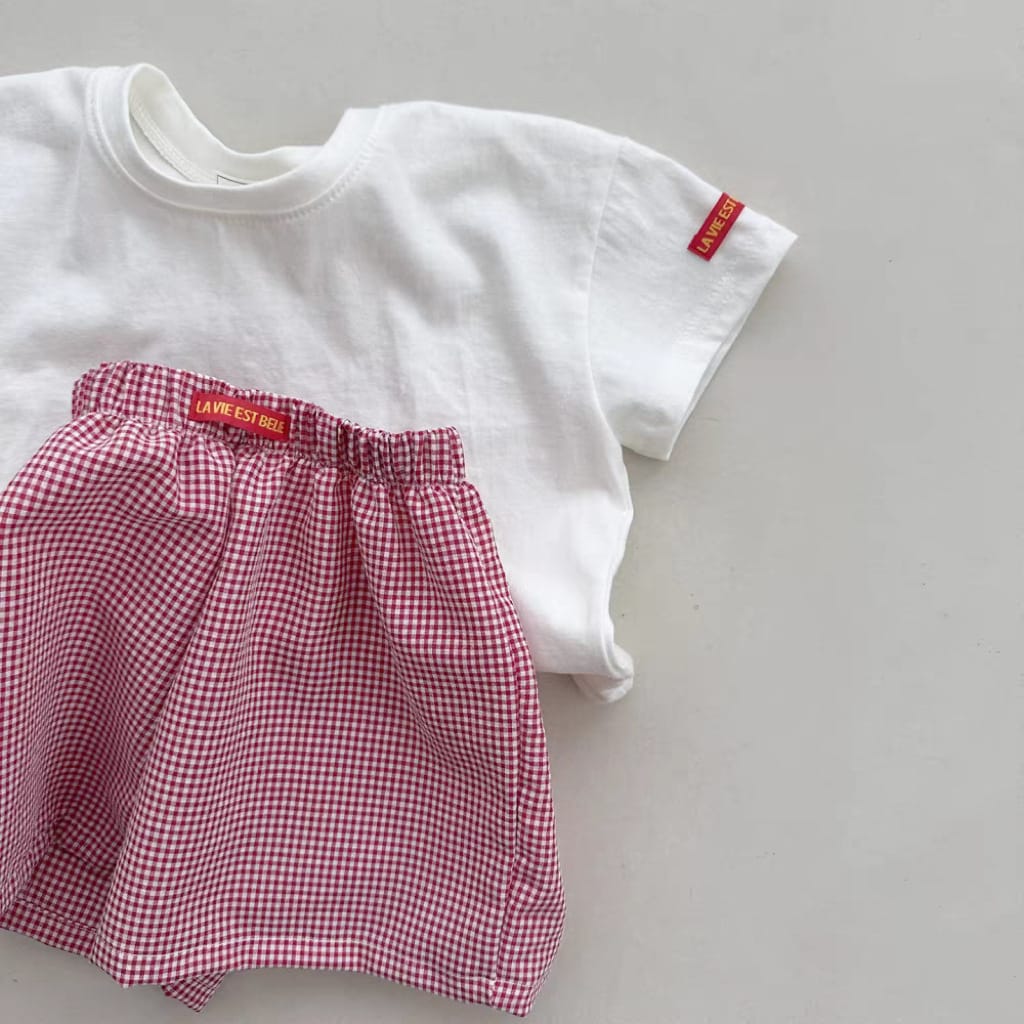 Solid Plaid ShortSleeves Shorts Set チェック 半袖Tシャツ ショートパンツ セット【mh0013269】 yi nian ni 半袖セットアップ