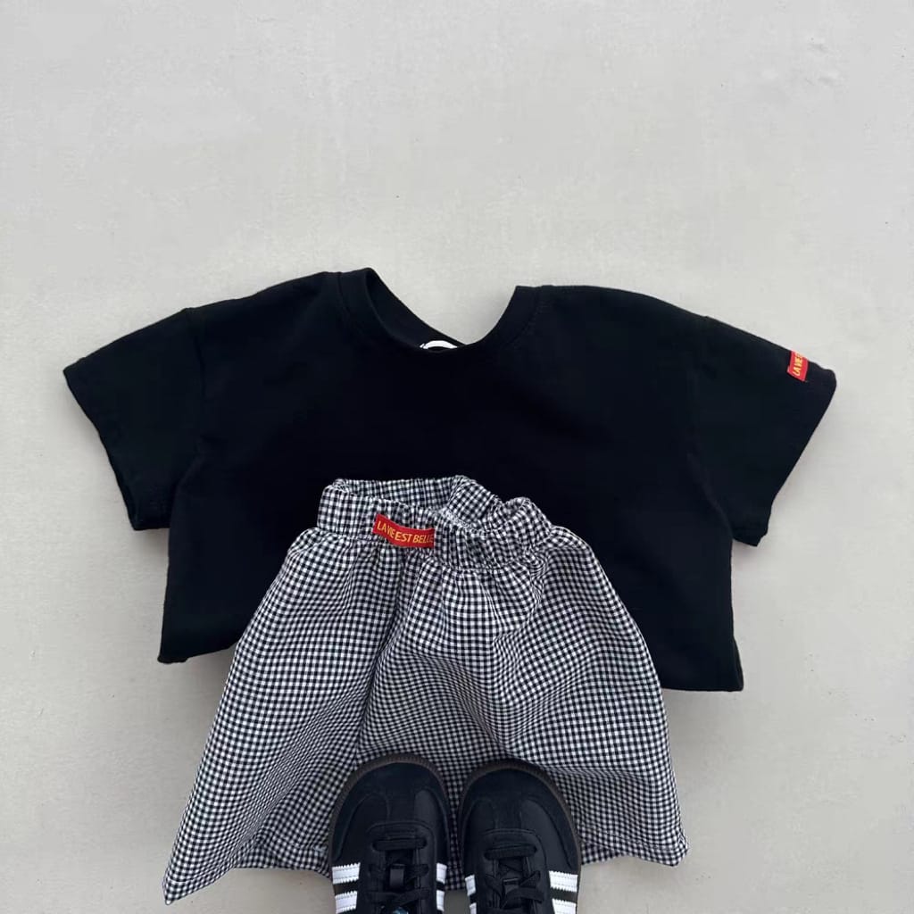 Solid Plaid ShortSleeves Shorts Set チェック 半袖Tシャツ ショートパンツ セット【mh0013269】 yi nian ni 半袖セットアップ