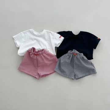 Solid Plaid ShortSleeves Shorts Set チェック 半袖Tシャツ ショートパンツ セット【mh0013269】 yi nian ni 半袖セットアップ