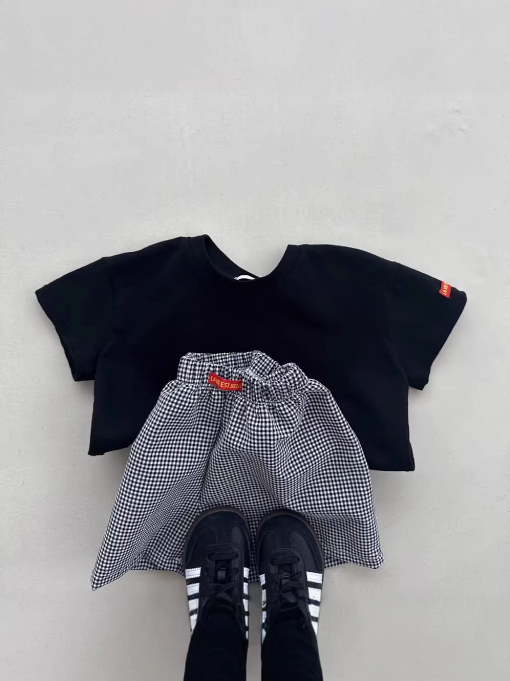 Solid Plaid ShortSleeves Shorts Set チェック 半袖Tシャツ ショートパンツ セット【mh0013269】 yi nian ni 半袖セットアップ