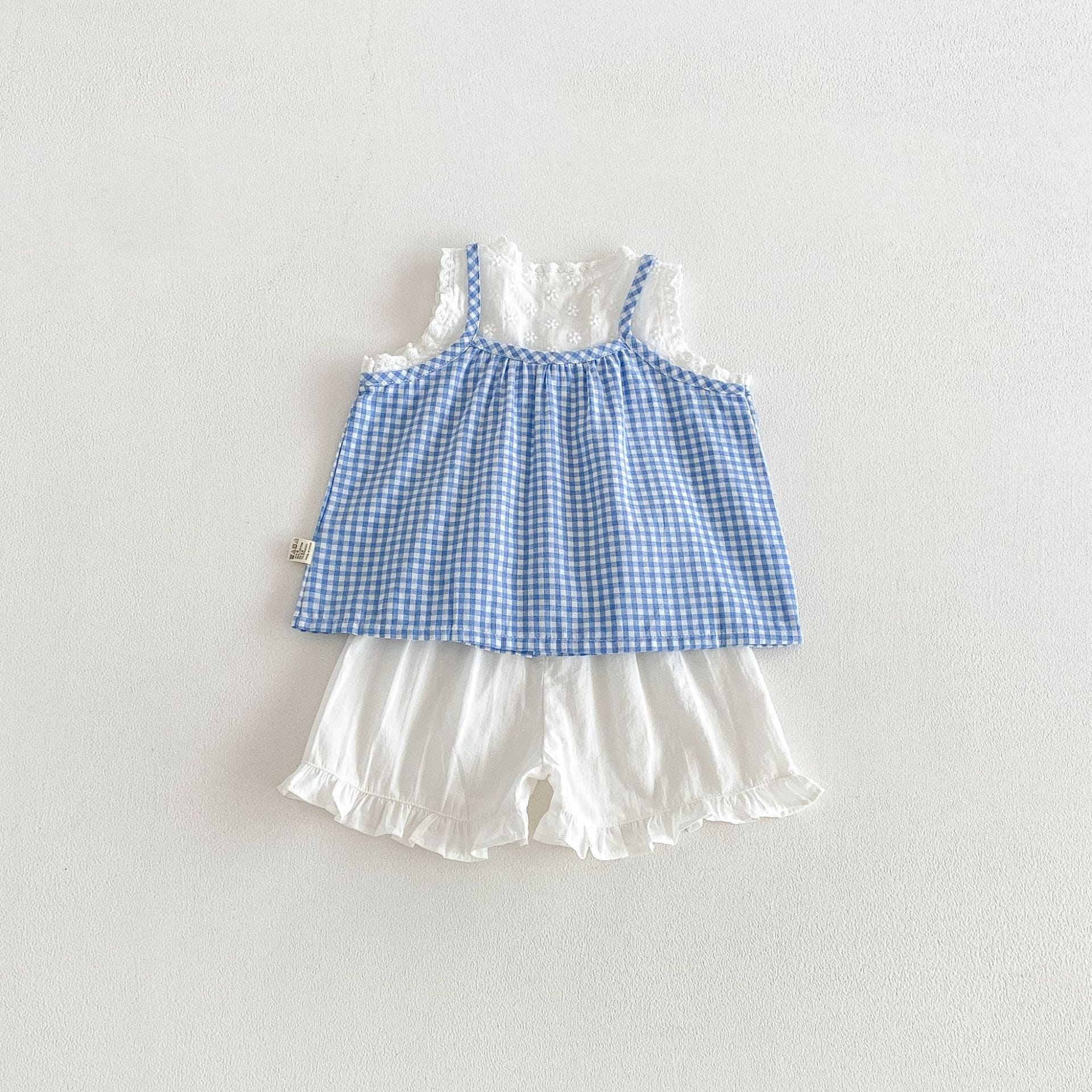 Spaghetti Strap Plaid Top Lace Shorts Set ラッフル ノースリーブチュニック ショートパンツ【mh0013421】 angou ノースリーブセットアップ