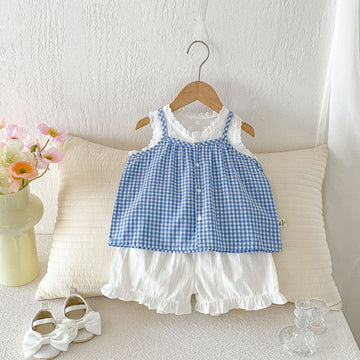 Spaghetti Strap Plaid Top Lace Shorts Set ラッフル ノースリーブチュニック ショートパンツ【mh0013421】 angou ノースリーブセットアップ