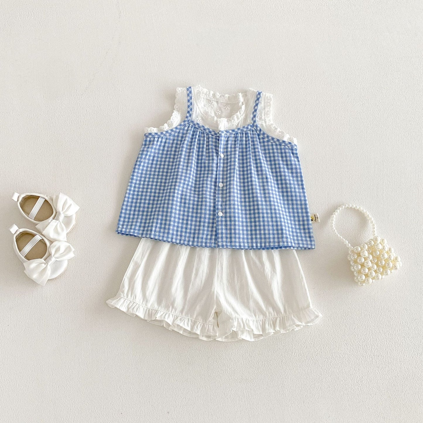 Spaghetti Strap Plaid Top Lace Shorts Set ラッフル ノースリーブチュニック ショートパンツ【mh0013421】 Blue / 73cm angou ノースリーブセットアップ