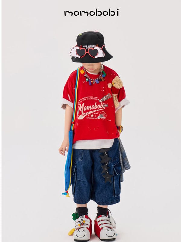 Splashed Bear Mascot Tee & Denim Shorts くま 半袖Tシャツ デニムハーフパンツ【mh0012998】 mamahalo shop 半袖セットアップ