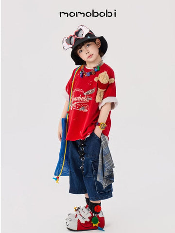 Splashed Bear Mascot Tee & Denim Shorts くま 半袖Tシャツ デニムハーフパンツ【mh0012998】 mamahalo shop 半袖セットアップ