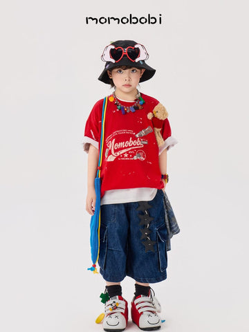 Splashed Bear Mascot Tee & Denim Shorts くま 半袖Tシャツ デニムハーフパンツ【mh0012998】 mamahalo shop 半袖セットアップ