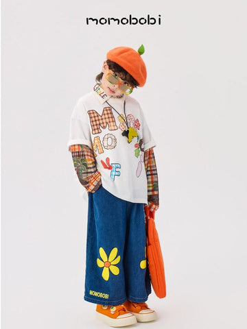 Spliced Graphic Tops & Denim レイヤードロゴ 長袖Tシャツ デニムパンツ【mh0012997】 mamahalo shop 長袖セットアップ