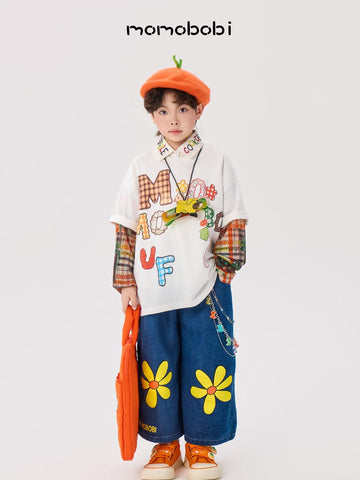 Spliced Graphic Tops & Denim レイヤードロゴ 長袖Tシャツ デニムパンツ【mh0012997】 mamahalo shop 長袖セットアップ