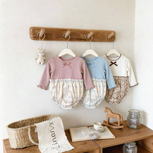 Splicing Pattern Long Sleeve Romper パッチワーク 長袖ロンパース【mh0012303】 yi nian ni