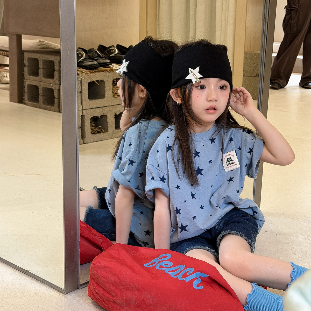 Star Print Crew Neck T-Shirt スタープリント 半袖Tシャツ【mh0013227】 ADbaby 半袖Tシャツ