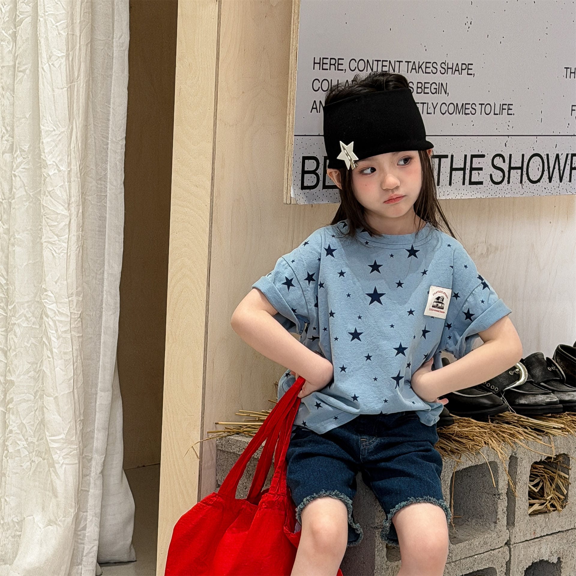 Star Print Crew Neck T-Shirt スタープリント 半袖Tシャツ【mh0013227】 ADbaby 半袖Tシャツ