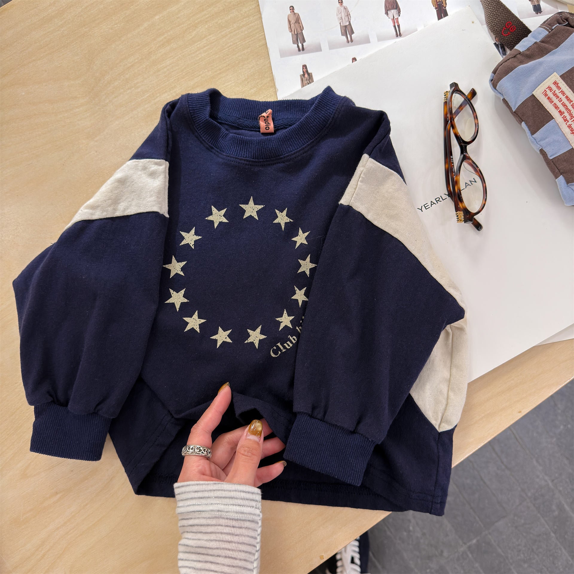 Star Print Panel Sleeve Tee 星柄 プリント 切替 長袖 Tシャツ【mh0012450】 Navy / 80cm ADbaby 長袖Tシャツ