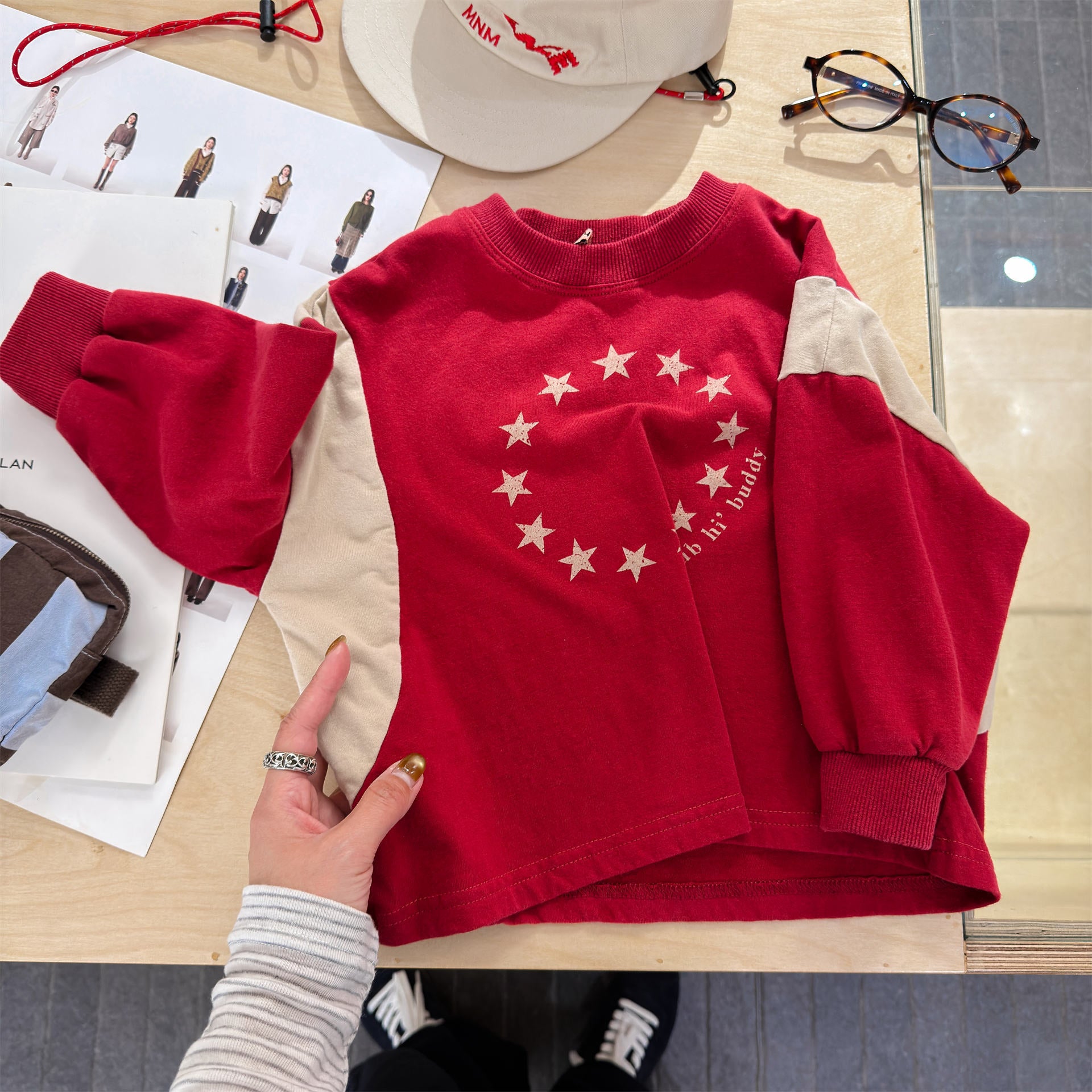 Star Print Panel Sleeve Tee 星柄 プリント 切替 長袖 Tシャツ【mh0012450】 Red / 80cm ADbaby 長袖Tシャツ