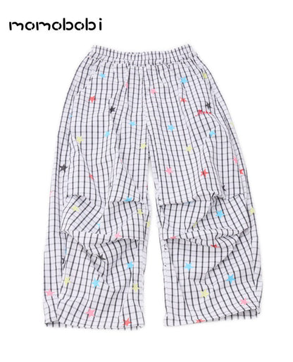 グリッド柄ロングパンツ、カラフルな総柄プリントのウエストゴム仕様