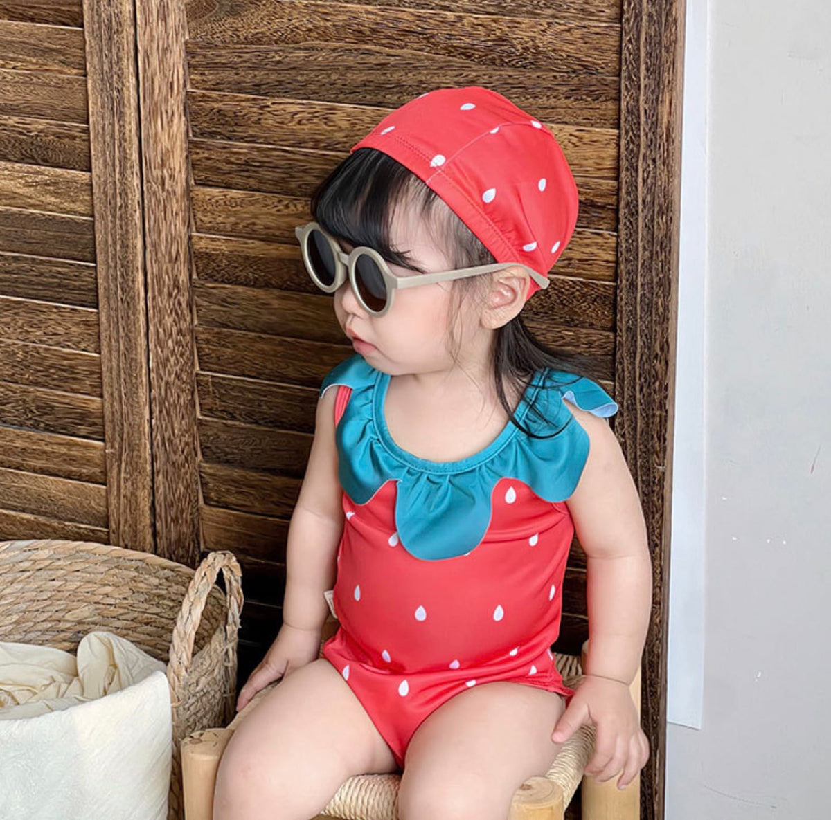 Strawberry Camisole One-Piece Swimwear Swimcap Set いちご ワンピース水着【mh0013344】 mamahalo kids ベビー用水着