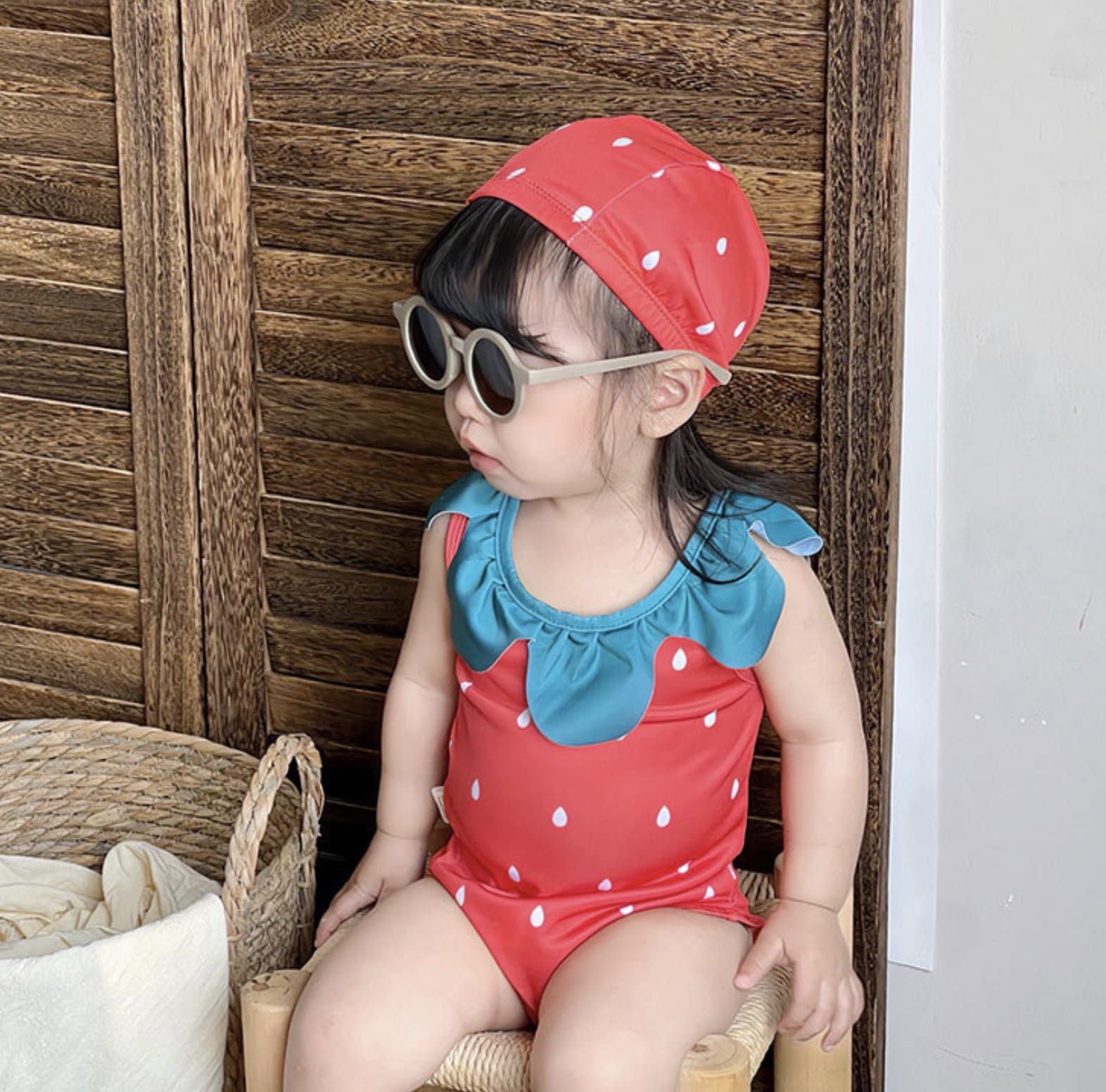 Strawberry Camisole One-Piece Swimwear Swimcap Set いちご ワンピース水着【mh0013344】 mamahalo kids ベビー用水着