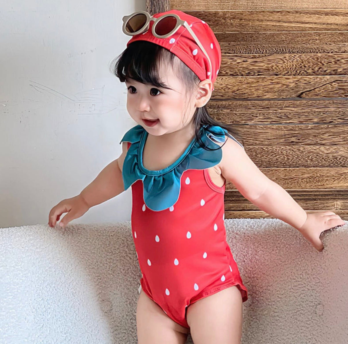 Strawberry Camisole One-Piece Swimwear Swimcap Set いちご ワンピース水着【mh0013344】 mamahalo kids ベビー用水着