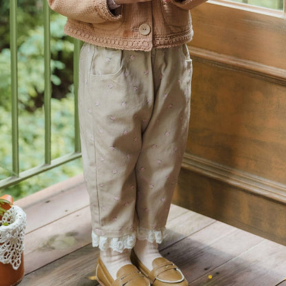 ロングパンツ・スウェットパンツ Apricot / 90cm キッズパンツ フラワー刺繍裾フリルルーズロングパンツ【mh0009055】