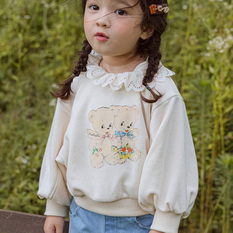 トレーナー・フーディ Beige / 90cm キッズトップス ベアくまプリントレースフリルカラー長袖スウェットシャツ【mh0009045】