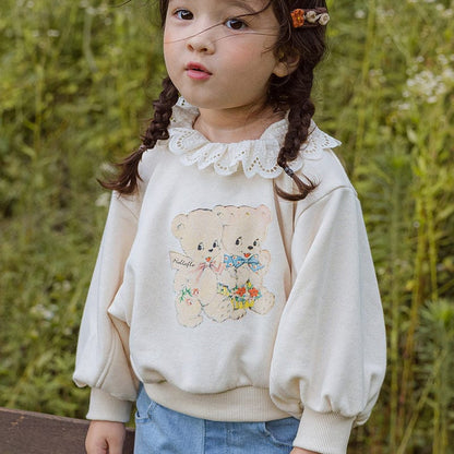 トレーナー・フーディ Beige / 90cm キッズトップス ベアくまプリントレースフリルカラー長袖スウェットシャツ【mh0009045】
