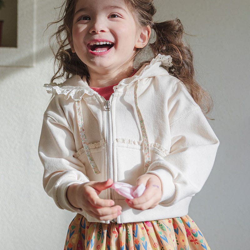 カーディガン・パーカー Beige White / 90cm フリル襟付きジップアップパーカー 小花柄リボン付きポケット フード付きスウェット【mh0010825】