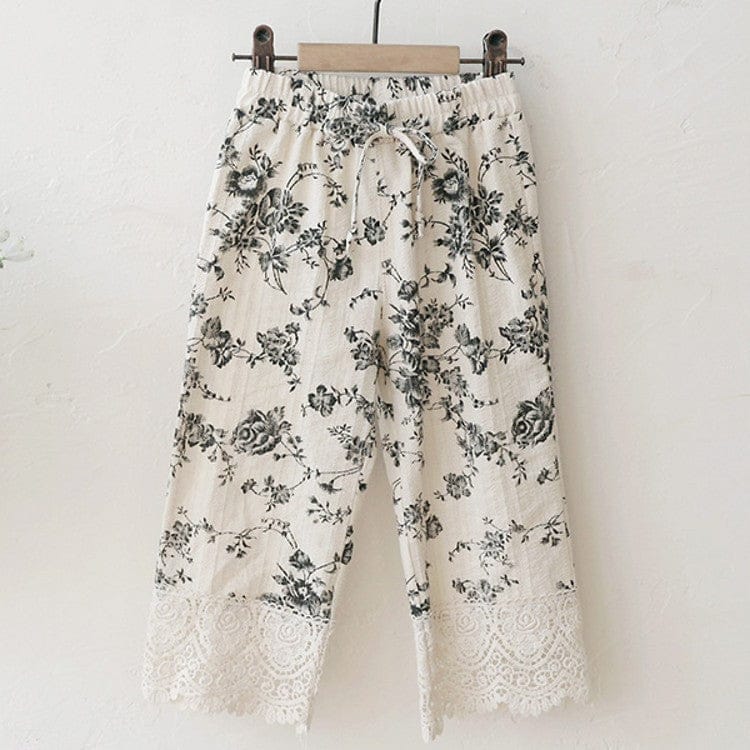 ロングパンツ・スウェットパンツ Black / 90cm 裾レース花柄パンツ イージーウエスト ボトムス【mh0010831】