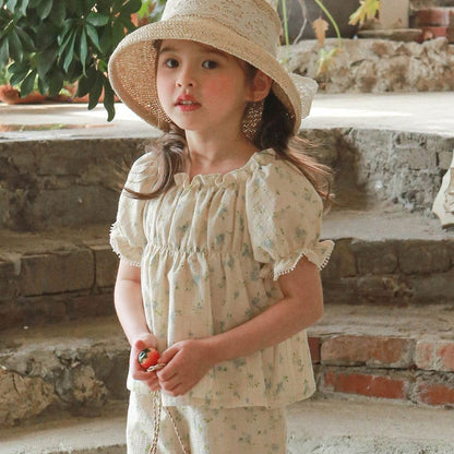 半袖シャツ・ブラウス Blue / 90cm フラワープリント半袖パフスリーブスモックブラウス【mh0010281】