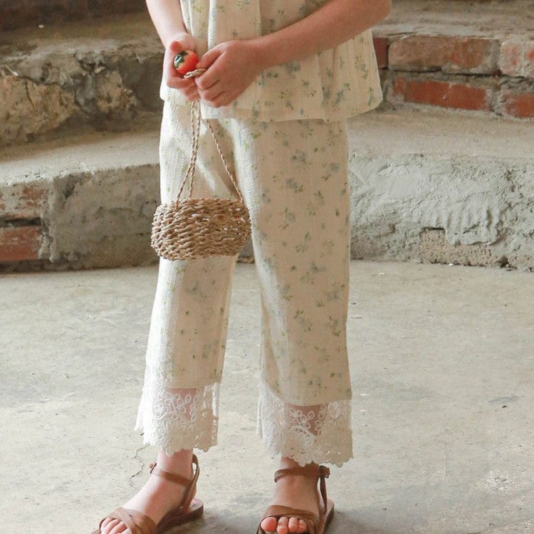 ロングパンツ・スウェットパンツ Blue / 90cm フラワープリント裾レースクロップドパンツ【mh0010283】