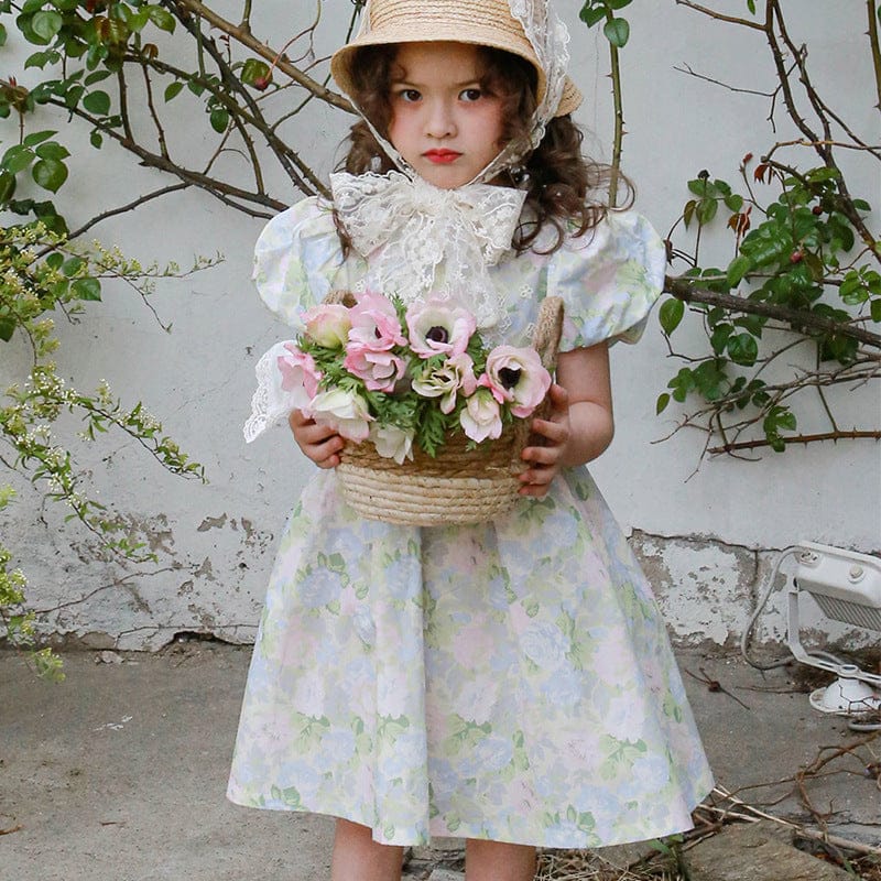 半袖ワンピース Blue / 90cm フラワープリント半袖パフスリーブガーリーワンピース【mh0010296】