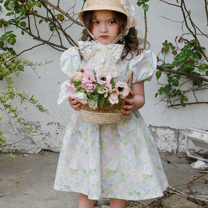 半袖ワンピース Blue / 90cm フラワープリント半袖パフスリーブガーリーワンピース【mh0010296】