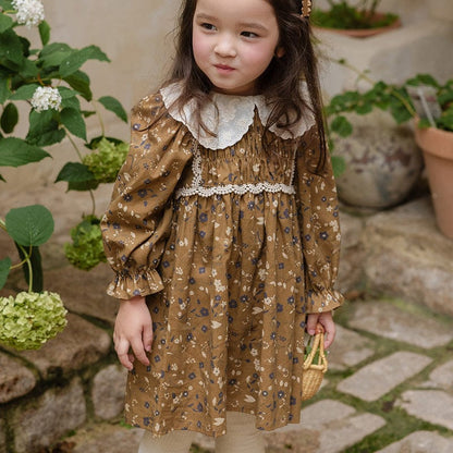 長袖ワンピース Brown / 90cm キッズワンピース レース襟フラワープリント長袖ワンピース【mh0009051】