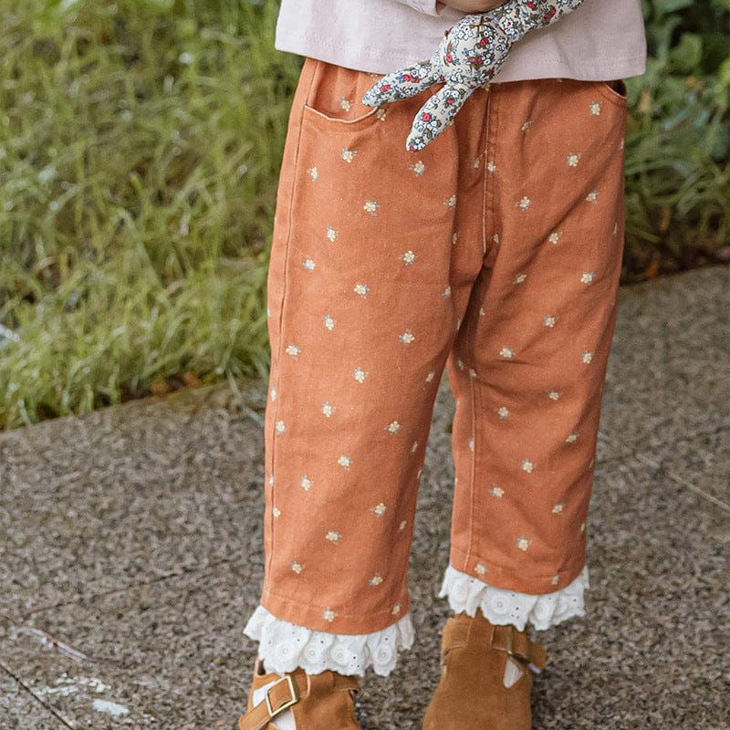 ロングパンツ・スウェットパンツ Brown / 90cm キッズパンツ フラワー刺繍裾フリルルーズロングパンツ【mh0009055】