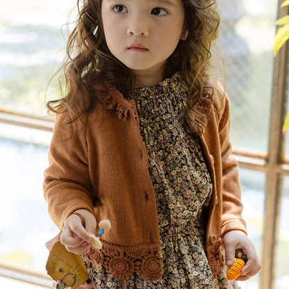 カーディガン・パーカー Brown / 90cm キッズカーディガン 裾レースニットカーディガンジャケット【mh0009059】