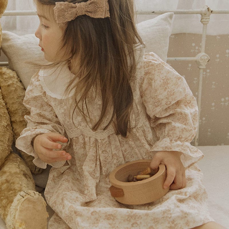 長袖ワンピース Brown / 90cm キッズワンピース 丸襟フラワープリントガーリー長袖ドレスワンピース【mh0009075】