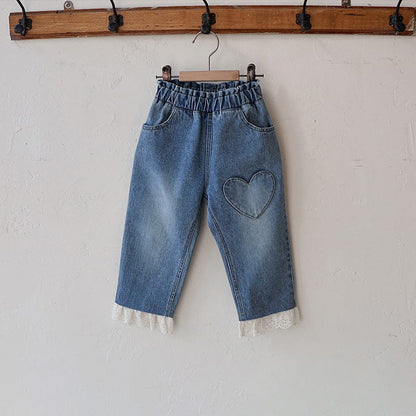 デニムパンツ Dark Blue / 90cm ハート刺繍レース裾ワイドデニムパンツ【mh0010822】