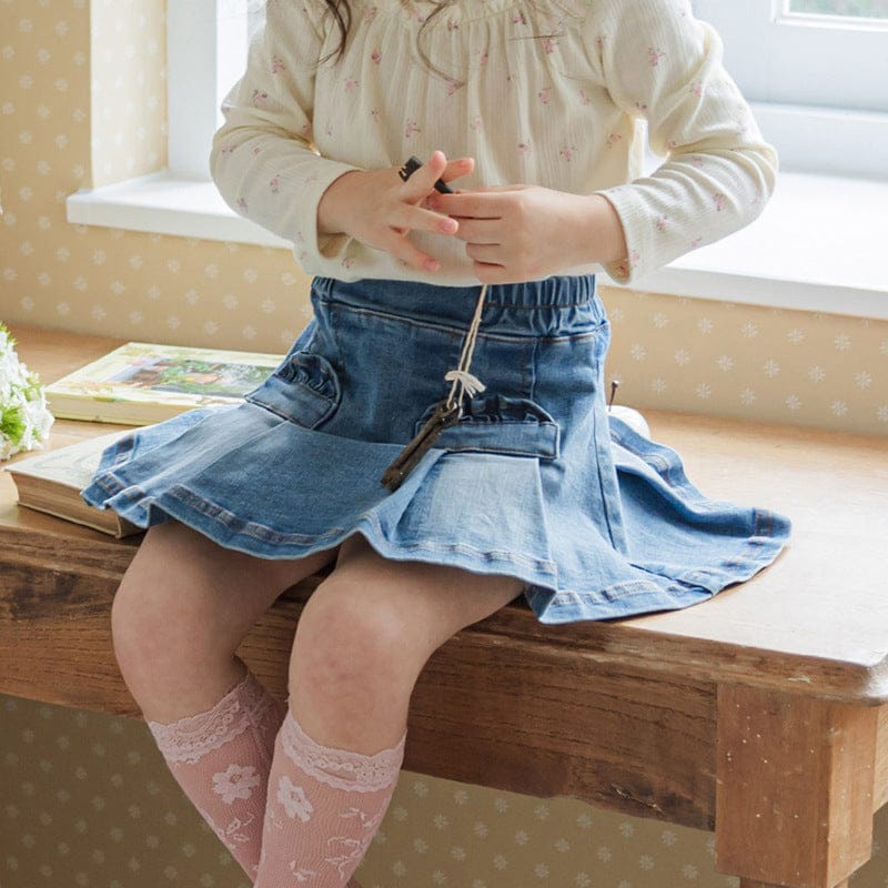 スカート Dark Blue / 90cm プリーツフリルポケットデニムスカート イージーウエストミニスカート【mh0010828】