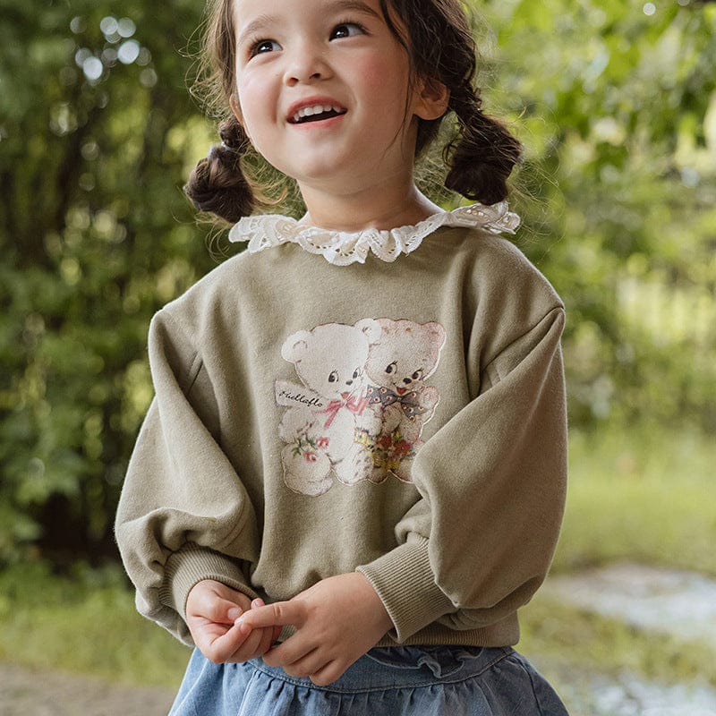 トレーナー・フーディ Green / 90cm キッズトップス ベアくまプリントレースフリルカラー長袖スウェットシャツ【mh0009045】