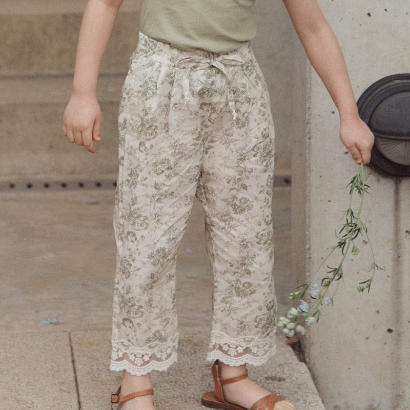 ロングパンツ・スウェットパンツ Green / 90cm フラワープリント裾レースクロップドイージーパンツ【mh0009644】