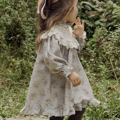 長袖ワンピース Grey / 90cm キッズワンピース レースショールフラワープリントガーリー長袖ワンピース【mh0009076】