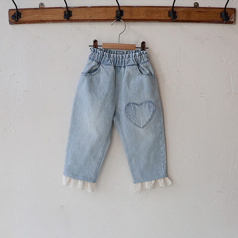 デニムパンツ Light Blue / 90cm ハート刺繍レース裾ワイドデニムパンツ【mh0010822】