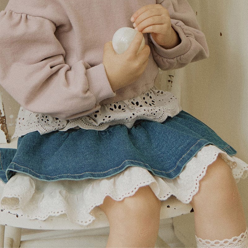 スカート Light Blue / 90cm 裾レースデニムミニスカート フレアシルエットショート丈スカート【mh0010833】