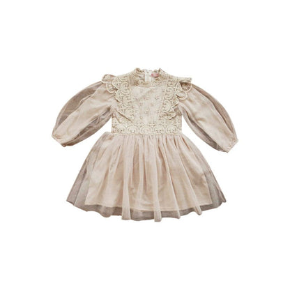 長袖ワンピース キッズワンピース レースチュールフリル長袖ドレスパーティワンピース【mh0009043】